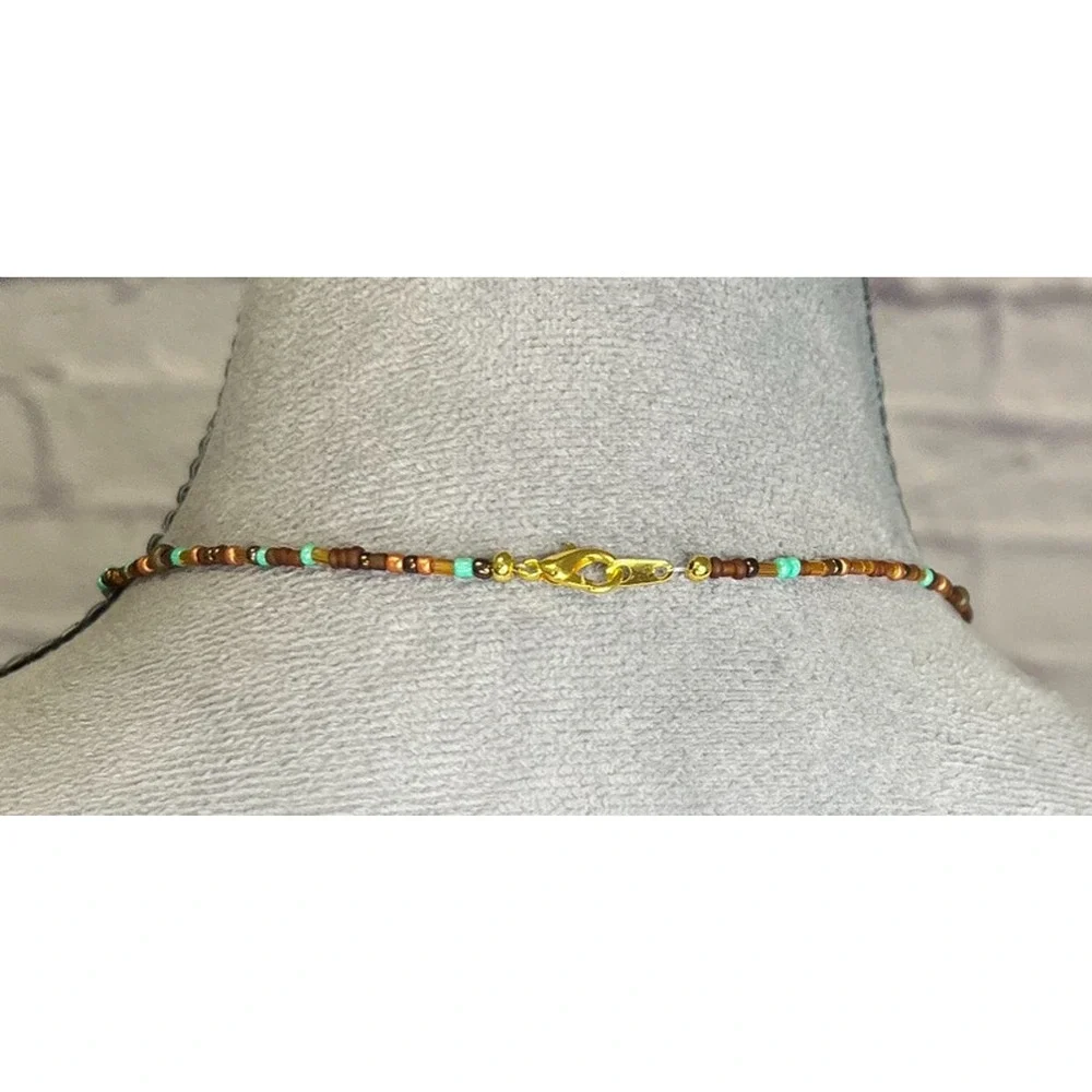 Handmade/Upcycled Boho Minimalist Seed Bead Necklace with Goldtone Bar Pendant